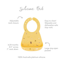 Load image into Gallery viewer, Infographic of Bumkins Silicone Bib: 100% food-safe platinum silicone, adjustable neck closure, easy to clean, large stay-open pocket.
