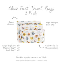 Load image into Gallery viewer, Infographic of Bumkins Clear Travel Bag 3-Pack: Bumkins signature waterproof fabric, clear fronts are TSA-compliant, zipper closures.
