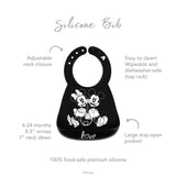 Infographic of Bumkins Silicone Bib: 100% food-safe platinum silicone, adjustable neck closure, easy to clean, large stay-open pocket.