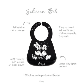 Infographic of Bumkins Silicone Bib: 100% food-safe platinum silicone, adjustable neck closure, easy to clean, large stay-open pocket.