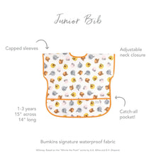 Load image into Gallery viewer, Infographic of Bumkins Junior Bib: Bumkins signature waterproof fabric, capped sleeves, adjustable neck closure, catch-all pocket, 1-3 years.
