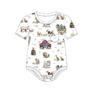 Organic Bodysuit, Farm Friends: white bodysuit with front pocket and farm animal & barn pattern; made of 100% organic cotton.