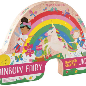 The Floss and Rock 80 Piece Puzzle, Rainbow Fairy, features a rainbow shape with fairies and unicorns. Ideal for hand/eye coordination.