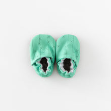 Load image into Gallery viewer, Cabooties Cactus Spines: Mint green baby booties with crisscross stitching and elastic closure, displayed on a white background.
