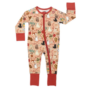 Sleeper, Cats Meow: peach long sleeve pajamas with cat and plant print, orange cuffs, & front zipper; made of bamboo viscose.