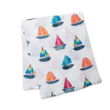 Load image into Gallery viewer, Lulujo Inc.s Cotton Swaddle, Sailboats: White fabric with red, blue, and green sailboat patterns ideal for swaddles or baby blankets.
