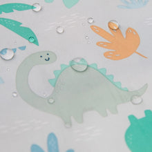 Load image into Gallery viewer, Close-up of water droplets on Bumkins Sleeved Bib: Dinosaurs.
