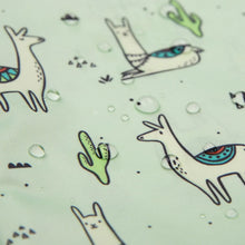 Load image into Gallery viewer, Close-up of water droplets on Bumkins Sleeved Bib: Llamas.
