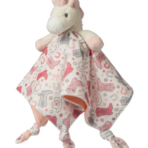 Mary Meyer Giddy Up Pony Blanket: double-layered plush, pink/gray, knotted corners—perfectly soft comfort for babies or toddlers.