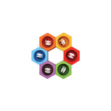 Load image into Gallery viewer, PlanToys Beehives: Hexagonal containers with white lids in a honeycomb pattern, great for boosting fine motor skills and color learning.
