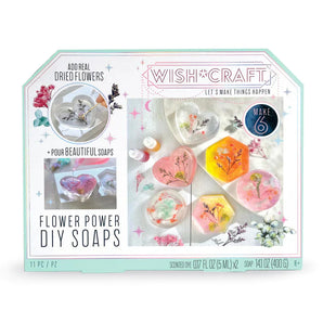 DIY Soaps: light blue & white box with photos of floral soaps. Text "Wish Craft: Let's Make Things Happen, Flower Power DIY Soaps."