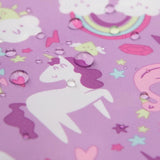 Close-up of water droplets on a purple Bumkins Reusable Snack Bag, Large 2-Pack: Rainbows & Unicorns.