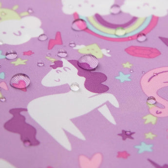 Close-up of water droplets on a purple Bumkins Reusable Snack Bag, Large 2-Pack: Rainbows & Unicorns.