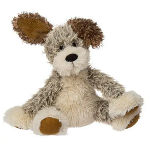 Mary Meyer’s Fabfuzz Scruffy Puppy features floppy ears, shaggy fur, and a cute brown patch over one ear.