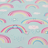 Close-up of water droplets on Bumkins Sleeved Bib: Rainbows.