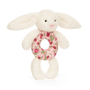 Jellycat Blossom Cream Bunny 'Berry' Ring Rattle: a soft plush with floppy ears and pink floral body, perfect for babies.
