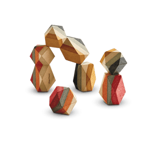 PlanToys Geo Stacking Rocks are colorful geometric blocks that enhance fine motor skills with rock-like formations on a black background.