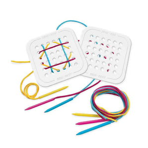 Fat Brain Toy Cos Sew Fast features two square lacing cards with colorful strings and plastic needles for a fun sewing game!.
