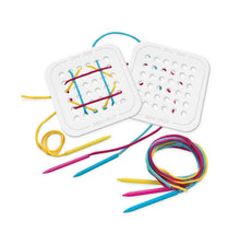 Load image into Gallery viewer, Fat Brain Toy Cos Sew Fast features two square lacing cards with colorful strings and plastic needles for a fun sewing game!.
