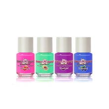Load image into Gallery viewer, The Piggy Paint Gift Set Scented Fruit Fairy includes four hypoallergenic, non-toxic, water-based nail polishes in bright pink, green, purple, and blue.
