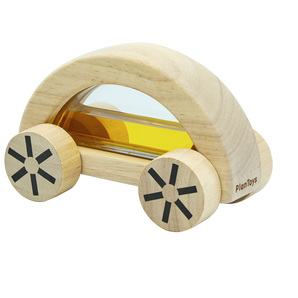 The PlanToys Wautomobile, Yellow is a sustainable wooden car with a clear yellow window and star-patterned wheels for color recognition fun.