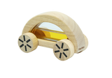 The PlanToys Wautomobile, Yellow is a sustainable wooden car with a clear yellow window and star-patterned wheels for color recognition fun.