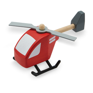 The Wooden Helicopter by PlanToys is sustainably made with red and white accents and gray blades, ideal for creative play.