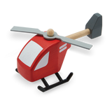 The Wooden Helicopter by PlanToys is sustainably made with red and white accents and gray blades, ideal for creative play.