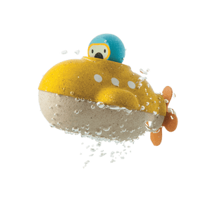 Wooden Submarine Bath Toy by PlanToys: Yellow with a blue dome, orange propeller, and water droplets on a white backdrop.