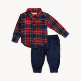 Magnetic Me, Plaid Flannel Henley Set: red & blue flannel long sleeve shirt with magnetic closure and blue pants.