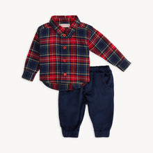 Load image into Gallery viewer, Magnetic Me, Plaid Flannel Henley Set: red &amp; blue flannel long sleeve shirt with magnetic closure and blue pants.

