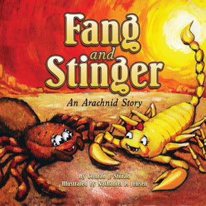 Fang & Stinger Board Book by Treasure Chest Books: features tarantulas vs. scorpions under the sun on its illustrated cover.