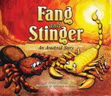 Fang & Stinger Board Book by Treasure Chest Books: features tarantulas vs. scorpions under the sun on its illustrated cover.
