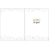 Inside of a Birthday Card, Birthday Cake with colorful confetti borders and gold foil text reading WISHES to you! on the right side.