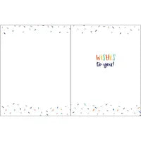 Inside of a Birthday Card, Birthday Cake with colorful confetti borders and gold foil text reading WISHES to you! on the right side.