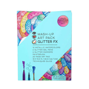Mash-Up Art Pack Glitter FX: blue cover with colorful details; text "Mash-Up Art Pack Glitter FX." Includes paints, pens, markers, brush, & pad.