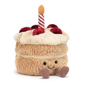 Jellycat Amuseable Birthday Cake—plush toy with smiling face, red cherries, striped candle on top. Brand: Jellycat.