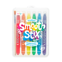 Load image into Gallery viewer, OOLYs Smooth Stix Watercolor Gel Crayons come in a travel case with six vibrant colors.
