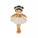 The Tendresse, Eloise Doll Large is a soft fabric doll with brown hair in buns and a white patterned dress with a matching headband.