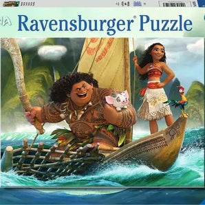 100 Piece Puzzle, Moana and Maui: Blue & green box with cartoon characters; Text "Disney Moana Ravensburger Puzzle 6+, XXL 100."