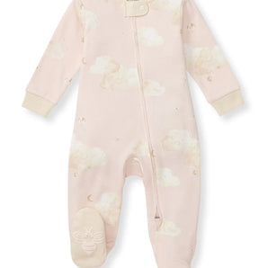 Burt's Bees Baby Organic Cotton Sleep & Play, Ranunculus: modern pink cloud print, zipper front, bee detail, long sleeves, cream cuffs.