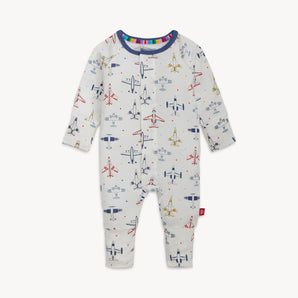 Magnetic, Just Plane Fun: white long sleeve coverall pajamas with airplane pattern & magnetic closure; made of TENCEL modal.