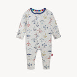 Magnetic, Just Plane Fun: white long sleeve coverall pajamas with airplane pattern & magnetic closure; made of TENCEL modal.