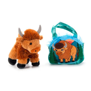 Bison with Purse: brown bison stuffed animal with blue & green purse with bison design on the front.