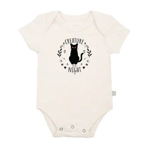 Organic Bodysuit, Creature of the Night: white short sleeve bodysuit with black cat & text "Creature of the Night." Made of 100% organic cotton.