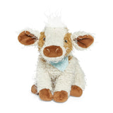 Moo Moo Cow: shaggy cream & brown cow stuffed animal with blue & white polka dot bandana.