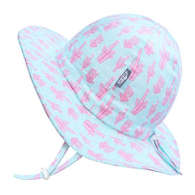 Load image into Gallery viewer, Jan and Jul Sun Hat, Coral: Gro-With-Me® design with pink cactus patterns, adjustable chinstrap, and UPF 50+ for a stylish summer.
