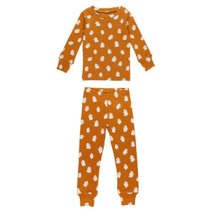 Organic Long Sleeve PJ's, Ghosts: orange long sleeve shirt and matching pants with a white ghost pattern.