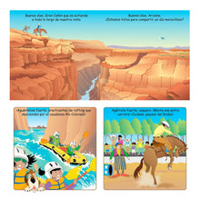 Load image into Gallery viewer, Three-panel comic from Buenas Noches Arizona Board Book by Random House: Grand Canyon view, river rafting, and bull riding at a rodeo.
