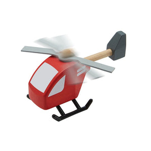 PlanToys Wooden Helicopter: Eco-friendly, red body, white windows, gray rotors—ideal for imaginative pretend play!.